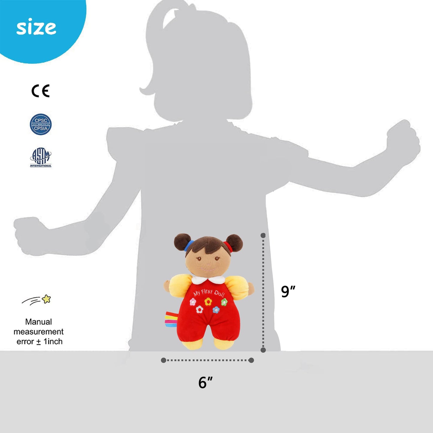 June Garden 9'' My First Doll Ava - Soft Plush Baby Doll - Red Outfit