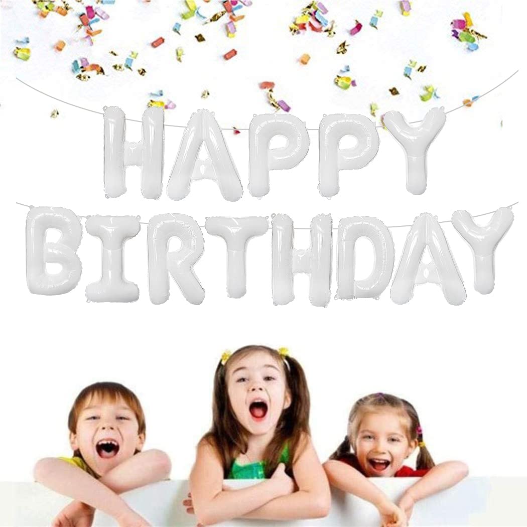 Toniful White Happy Birthday Balloons Banner With Ribbon Straw, 16 Inch Mylar Foil Letters Birthday Sign Banner Balloon Bunting
