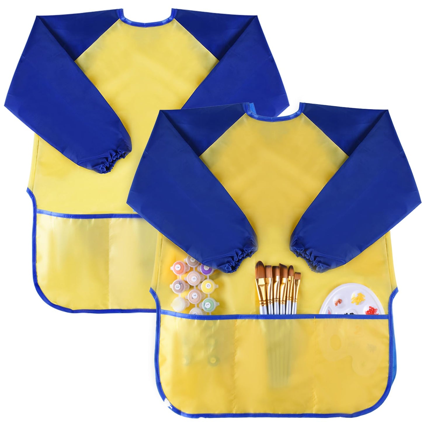 Kuuqa 2Pcs Waterproof Children Art Smock Kids Art Aprons Painting Aprons With Long Sleeve And 3 Roomy Pockets For Painting, Feeding, Baking, Cooking, Age 2-6 Years (Paints And Brushes Not Included)