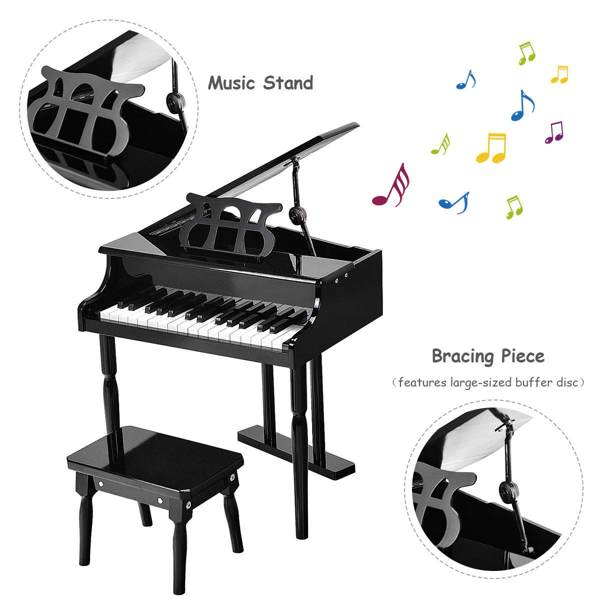 Goplus 30-Key Classical Kids Piano, Mini Grand Piano Wooden Learn-To-Play Musical Instrument Toy With Bench, Piano Lid, Music Rack, Gift For Boys Girls Aged 2+ Baby Tollder(3 Straight Leg-Black)