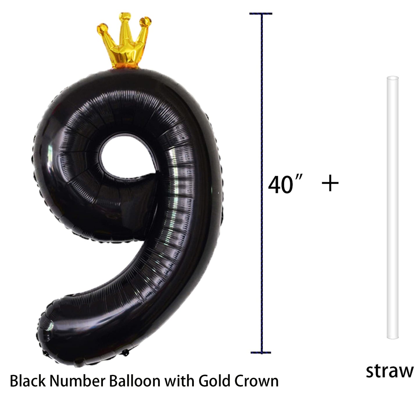 Gifloon Black Number 9 Balloon With Crown, Large Number Balloons 40 Inch, 9Th Birthday Party Decorations Supplies 9 Year Old Bir