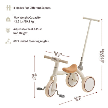 Kidpop Pony 4-in-1 Kids' Tricycles Pedal Vehicles for 1-4 Push Slide Ride On Toy Balance Bike Baby Walker Stroller (White)