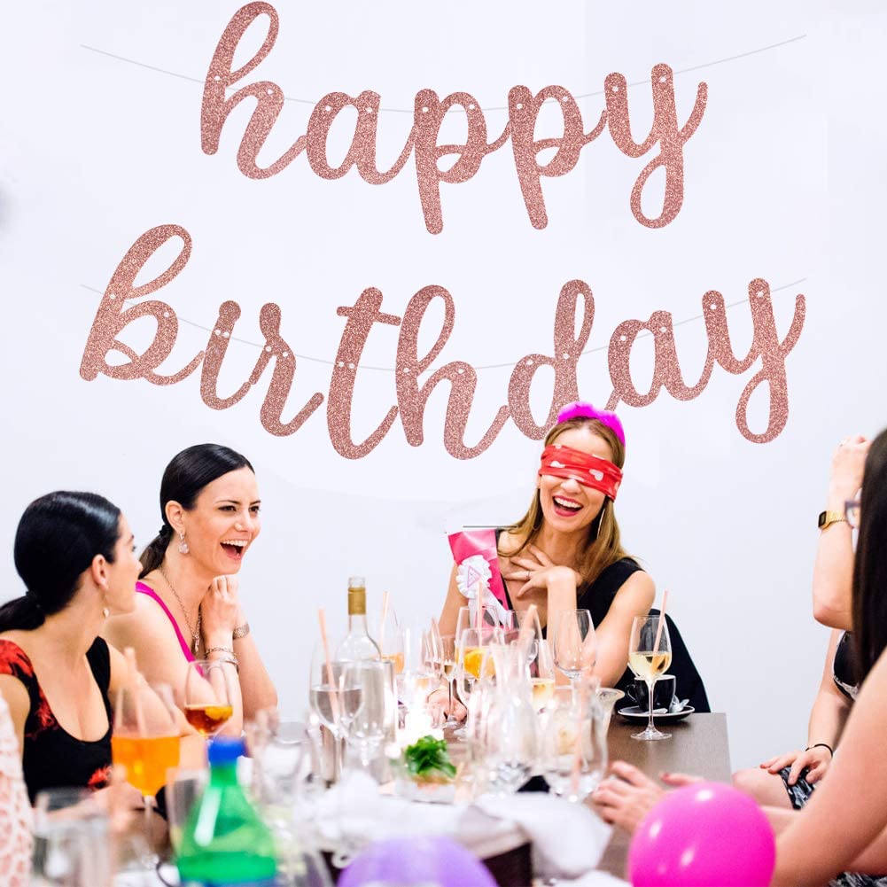 Rose Gold Happy Birthday Banner - No Diy - Rose Gold Birthday Party Banner In Script - Pre-Strung - Rose Gold Glitter Birthday G