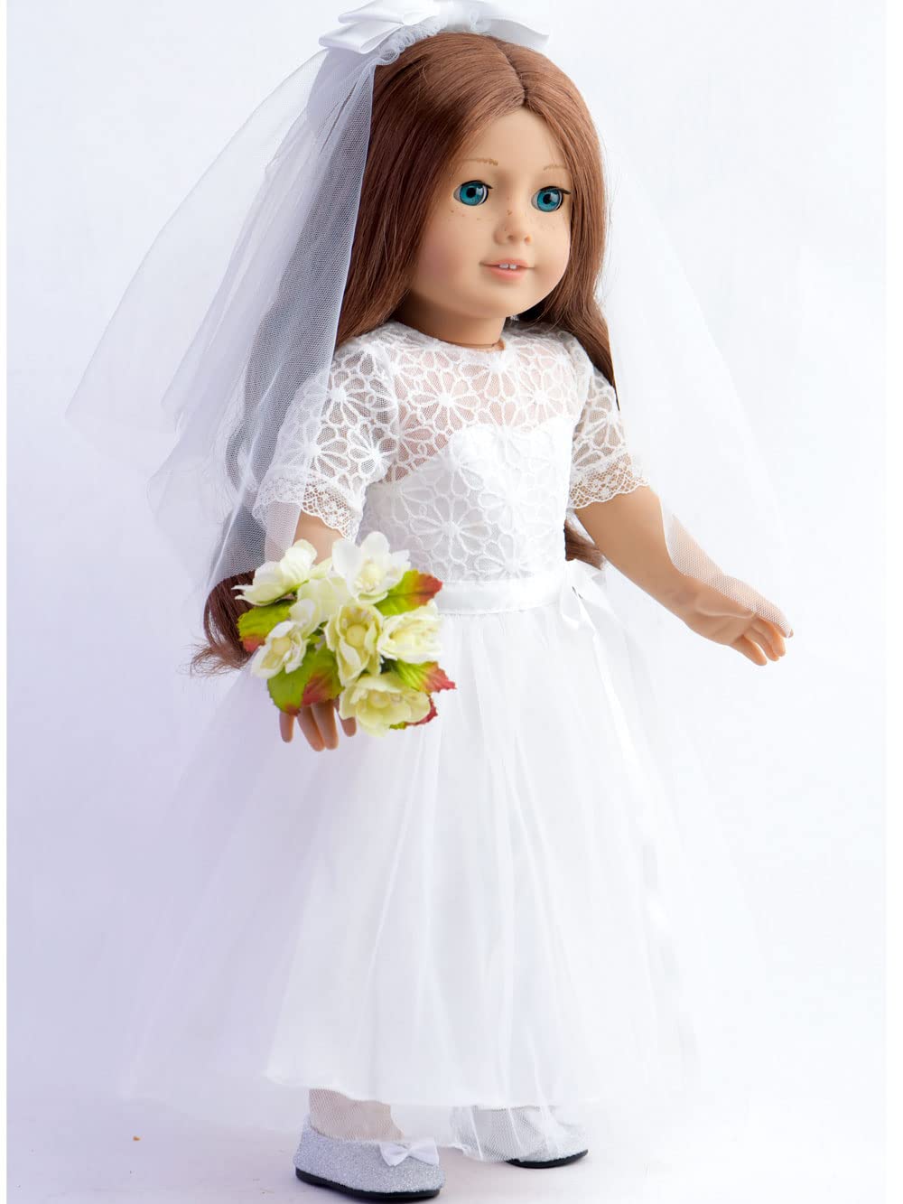 Sweet Dolly 18 Inches American Doll Clothes First Communion Gorgeous White Wedding Dress Veil Bouquet Sets Fit 18 Inches Dolls