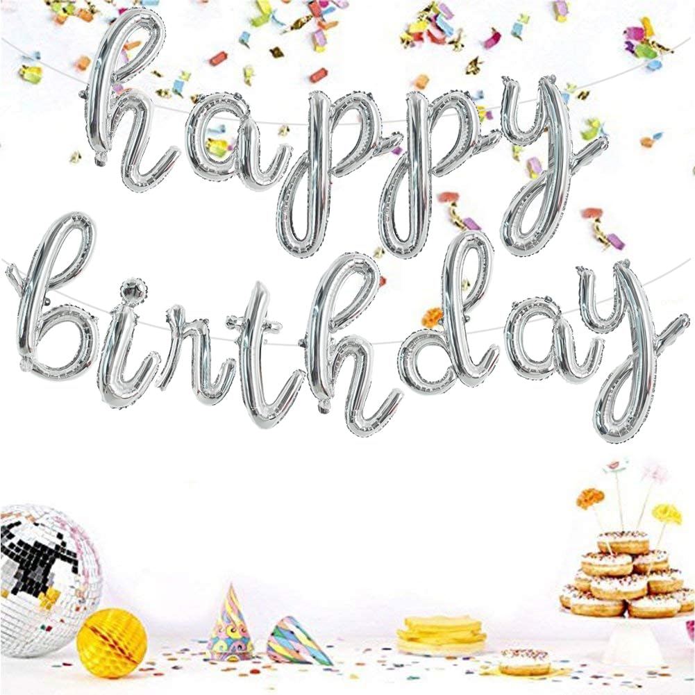 Toniful Silver Happy Birthday Balloons Banner,Cursive Happy Birthday Balloons Silver Birthday Decorations Silver Mylar Foil Birt