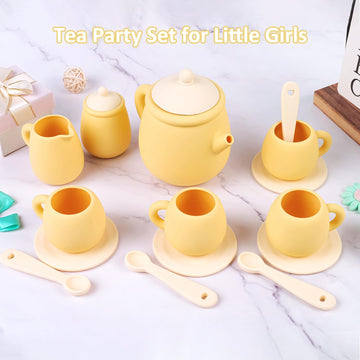 MCGMITT Toy Tea Set, Silicone Tea Party Set for Little Girls Boys, 15 Pcs BPA Free Dishwasher Safe Pretend Tea Set for Toddlers