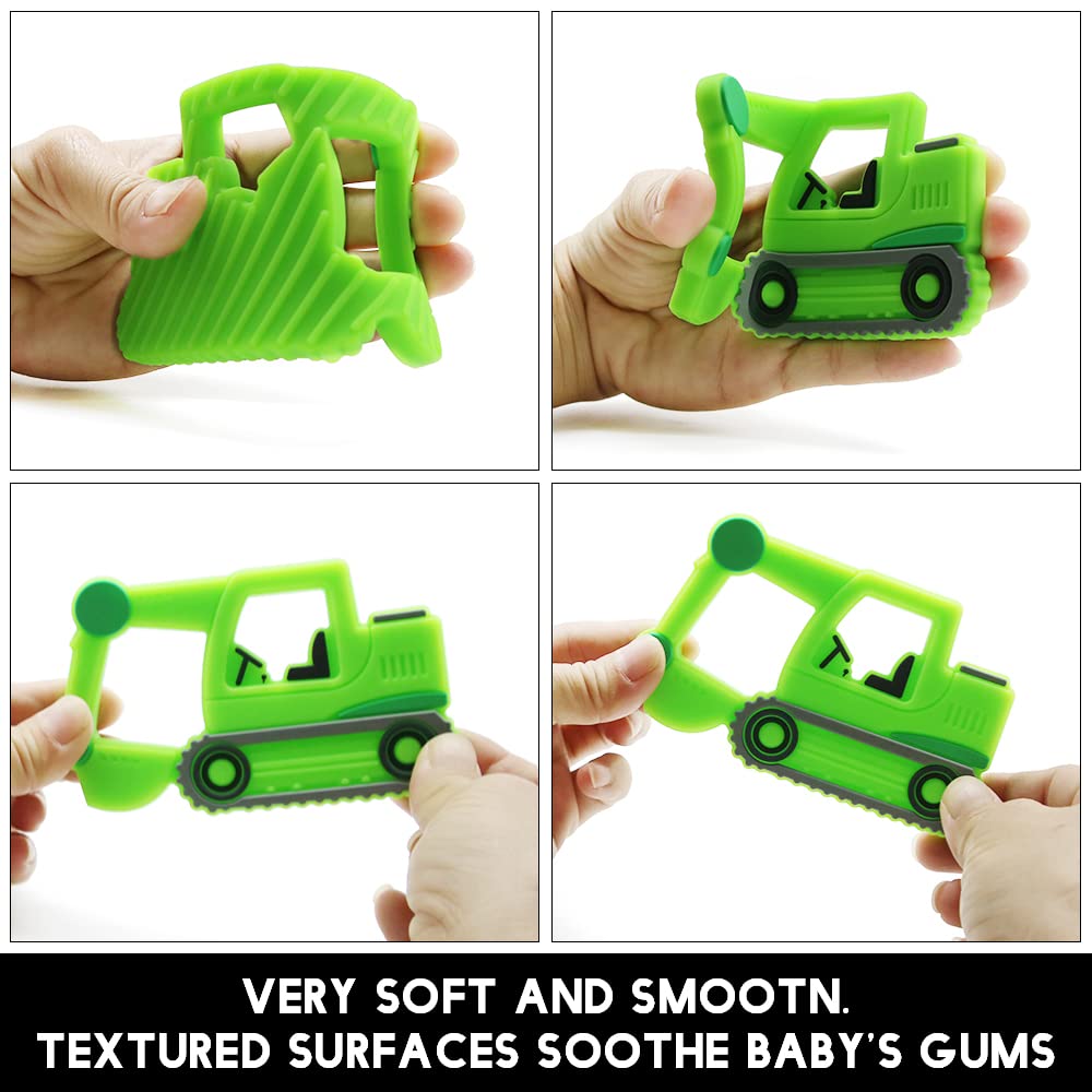Amazingm Car Series Baby Teething Toys,Food Grade Silicone Chew Teether For 3 Months+ Infant Boy And Girl,Toddler Sensory Chewing Teether,Bpa Free. (Excavator, Green)