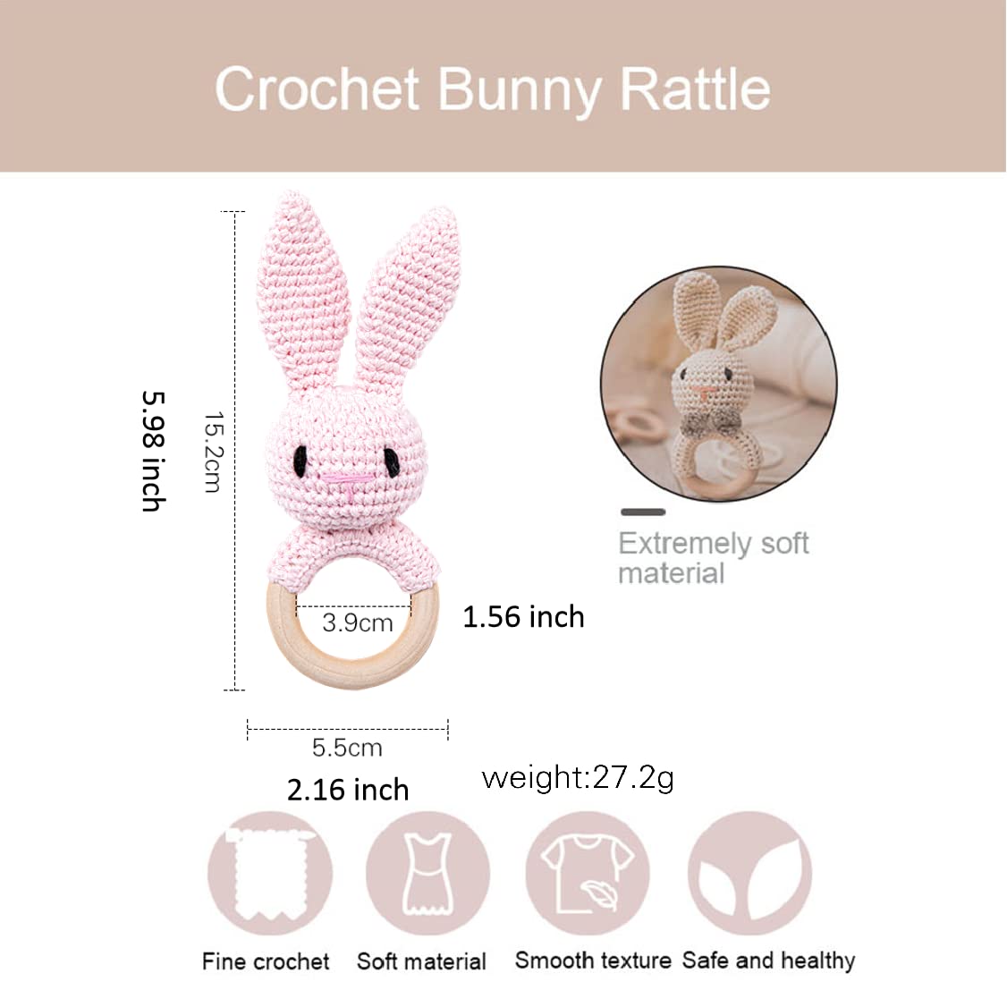 Wooden Teether Crochet Baby Rattle, Crochet Baby Toys, Organic Wooden Newborn Toys, Newborn Animal Rattle Toys,Knitted Stuffed Animals Gifts For Baby, Pink Bunny