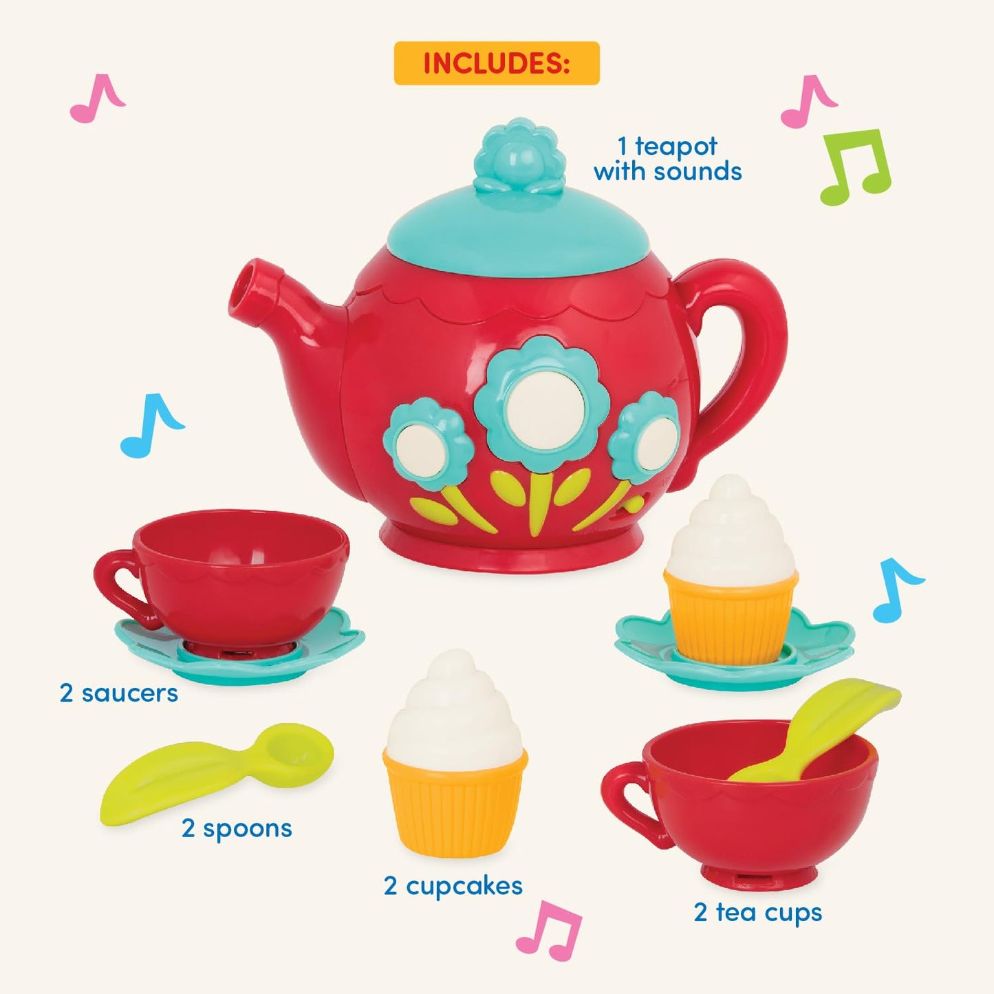 Battat - Pretend Play Tea Set - Singing Teapot - Musical Toddler Toys - Toy Tea Cups & Saucers - 3 Years + - Musical Tea Set