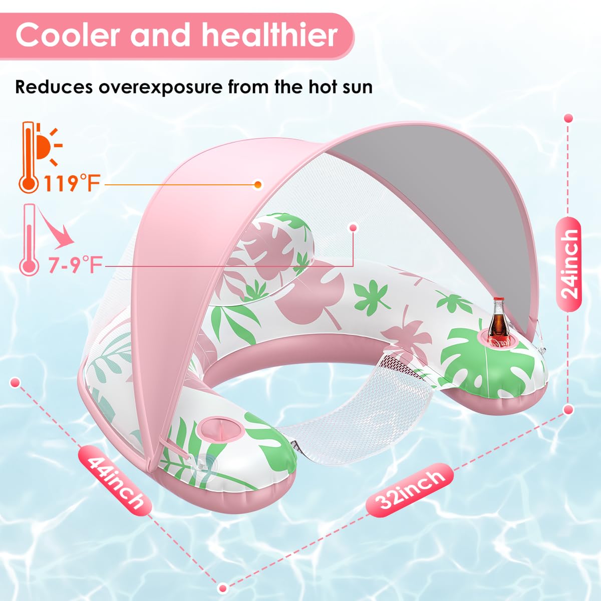 Laycol Premium Pool Floats Adult With Canopy - Stylish Pool Lounger - Heavy Duty Pool Floaties For Adults - Beach Floats Pool Chair Swimming Pool Accessories For Women Floating With Cup Phone Holder