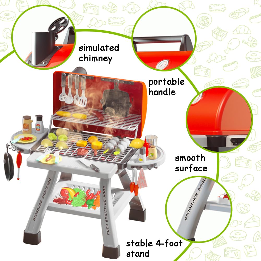 Barbecue Grill Toy Set, Kids BBQ Kitchen Playset with Smoke Sound Light Simulation Camping Cooking Interactive Pretend Play Food