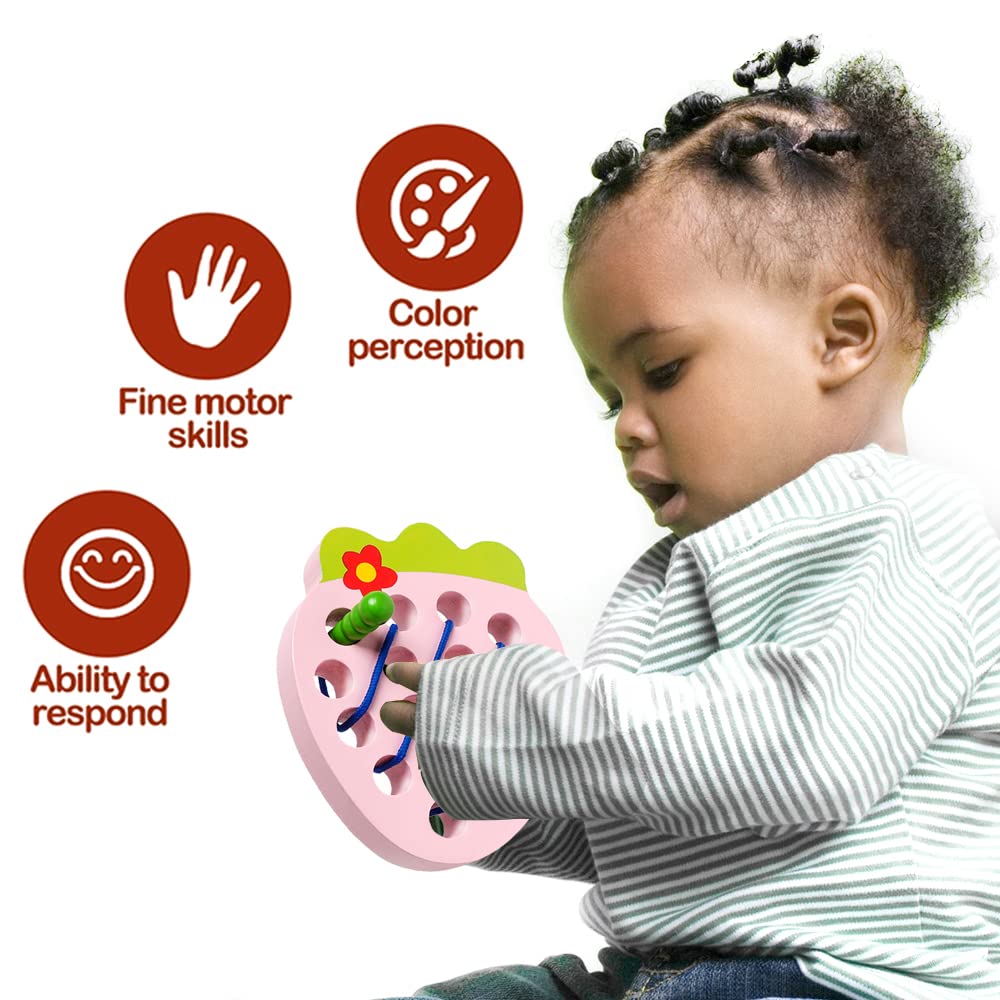 Wooden Lacing Toys For Toddlers, Baby Toys Strawberry Threading Toys Learning Fine Motor Skills,Montessori Sensory Educational Toys Wooden Block Puzzle Travel Toys For 1 2 3 Years Old Baby Boys Girls