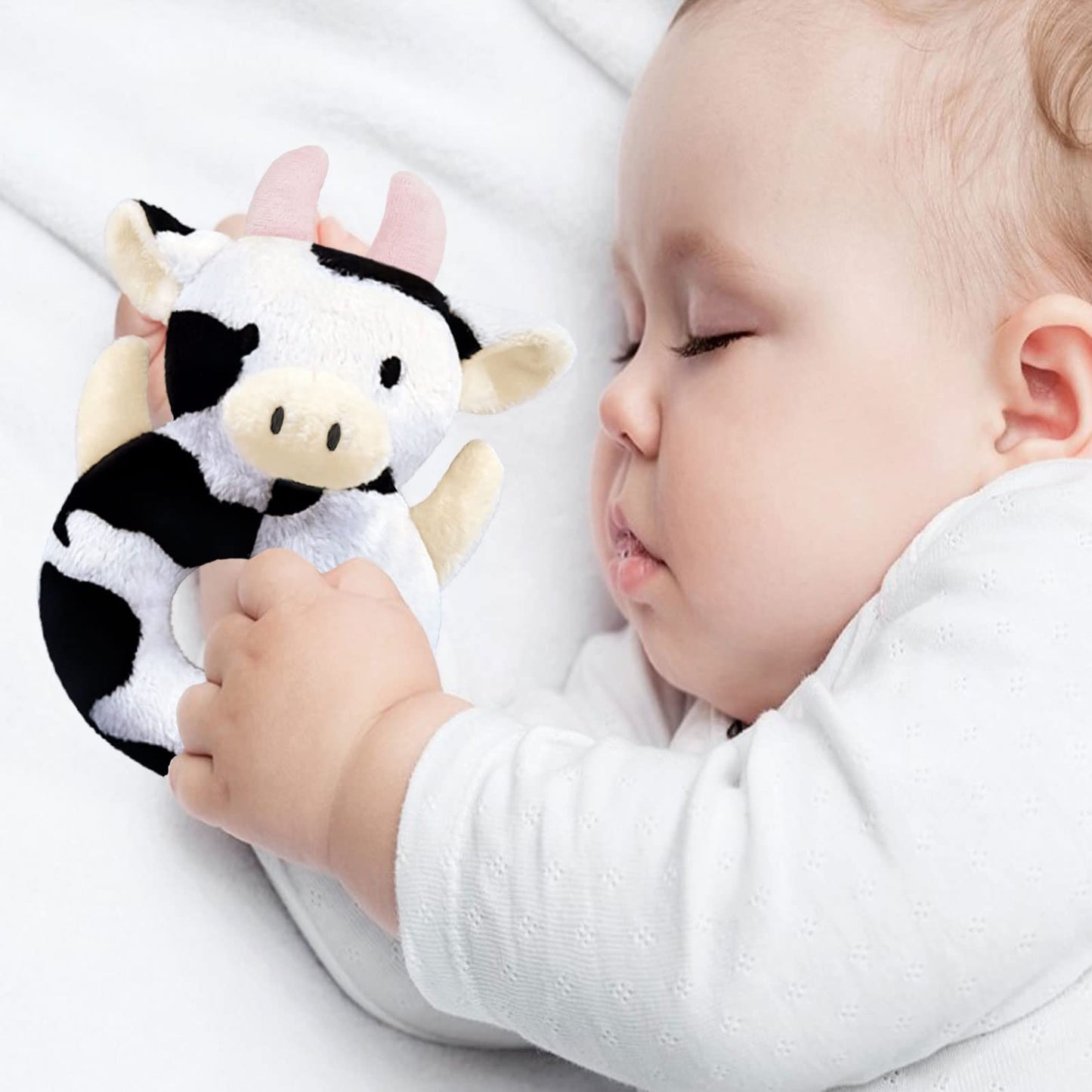 Doindute Baby Cow Soft Rattle Toy, Dairy Cattle Plush Infant Shaker Rattle Easy-Grasp Stuffed Animal Toy, Gifts for Newborns Bab