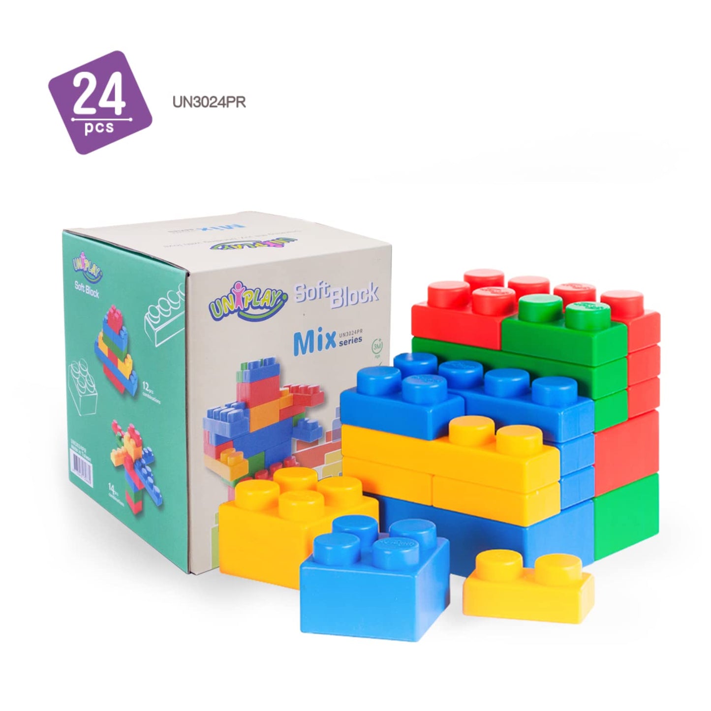 Uniplay Mix Soft Building Blocks - 24-Piece Set For Infant Early Learning, Cognitive Development, And Toddler Creative Play - Ages 3 Months+