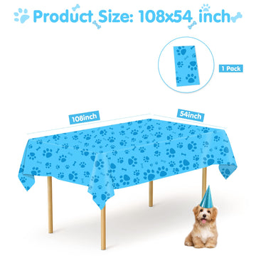 Paw Print Tablecloth, 1 Pack Large Size Plastic 54'X108' Dog Paw Print And Bone Sign Tablecloths, Cute Table Cover For Kids Boy Girl Puppy Dog Birthday Party Supplies- Blue