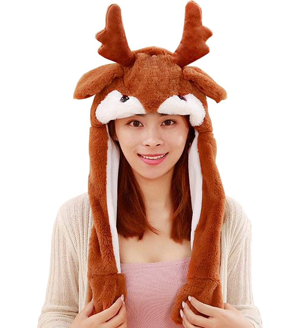 Joyhy Kids Adults Plush Hat Ear Moving Ear Flap Hat With Paw Brown Reindeer
