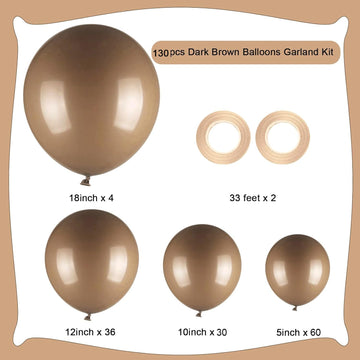 130Pcs Dark Brown Balloons Arch Kit, Different Sizes 18'' 12'' 10'' 5''Brown Latex Balloons Garland For Birthday Graduation Baby