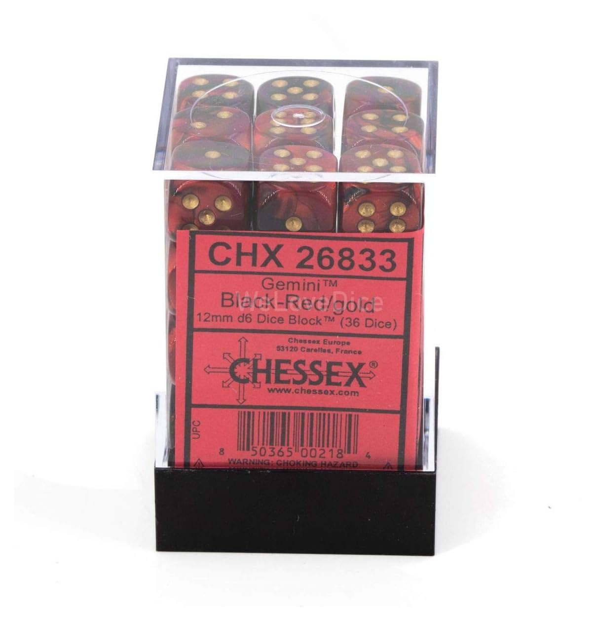 Chessex Manufacturing 26833 D6 Cube Gemini Set Of 36 Dice- 12 Mm - Black & Red With Gold Numbering