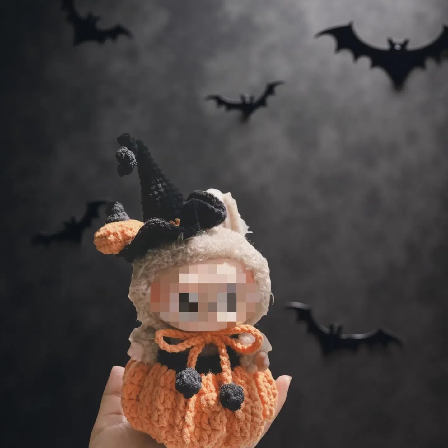 Halloween Clothes for Labubu 2 Piece Handmade Crochet Pumpkin Clothes Accessories for Labubu Outfits with Hat Overall (No Doll Included) (Black)