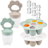 Ginbear Silicone Baby Fruit Food Feeder & Freezer Tray Set of 2, Hazy Green/Almond, Infant Teething Feeder with Popsicle Molds