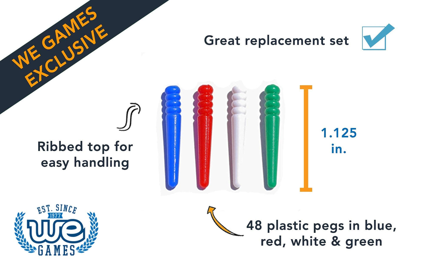 We Games 48 Standard Plastic Cribbage Pegs W/A Tapered Design In 4 Colors - Red, White, Blue & Green