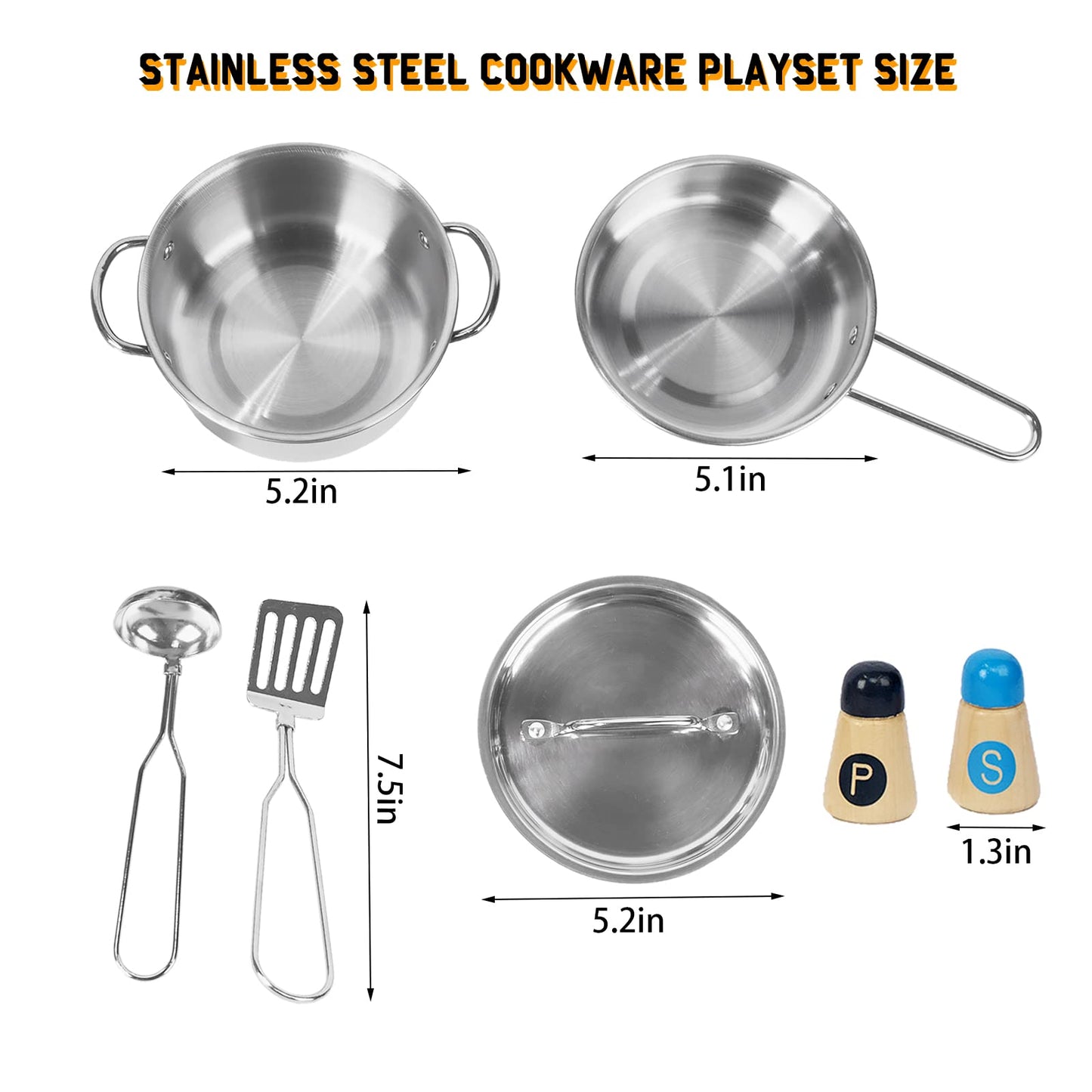 WoodenEdu Kids Play Kitchen Toys, Stainless Steel Kitchen Utensils, Pretend Play Kitchen Accessories, Montessori Learning Toy fo