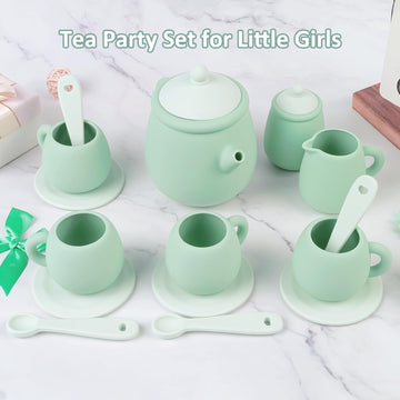 MCGMITT Silicone Tea Set, Tea Party Set for Little Girls Boys, 15 Pcs BPA Free Dishwasher Safe Pretend Tea Set for Toddlers Kids