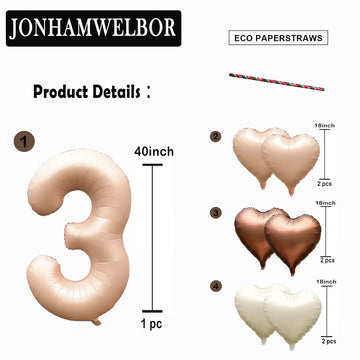 Jonhamwelbor 40 Inch Light Brown Number 3 Balloon Caramel Large Big Jumbo Giant Foil Helium Mylar Number Three Balloon With Hear