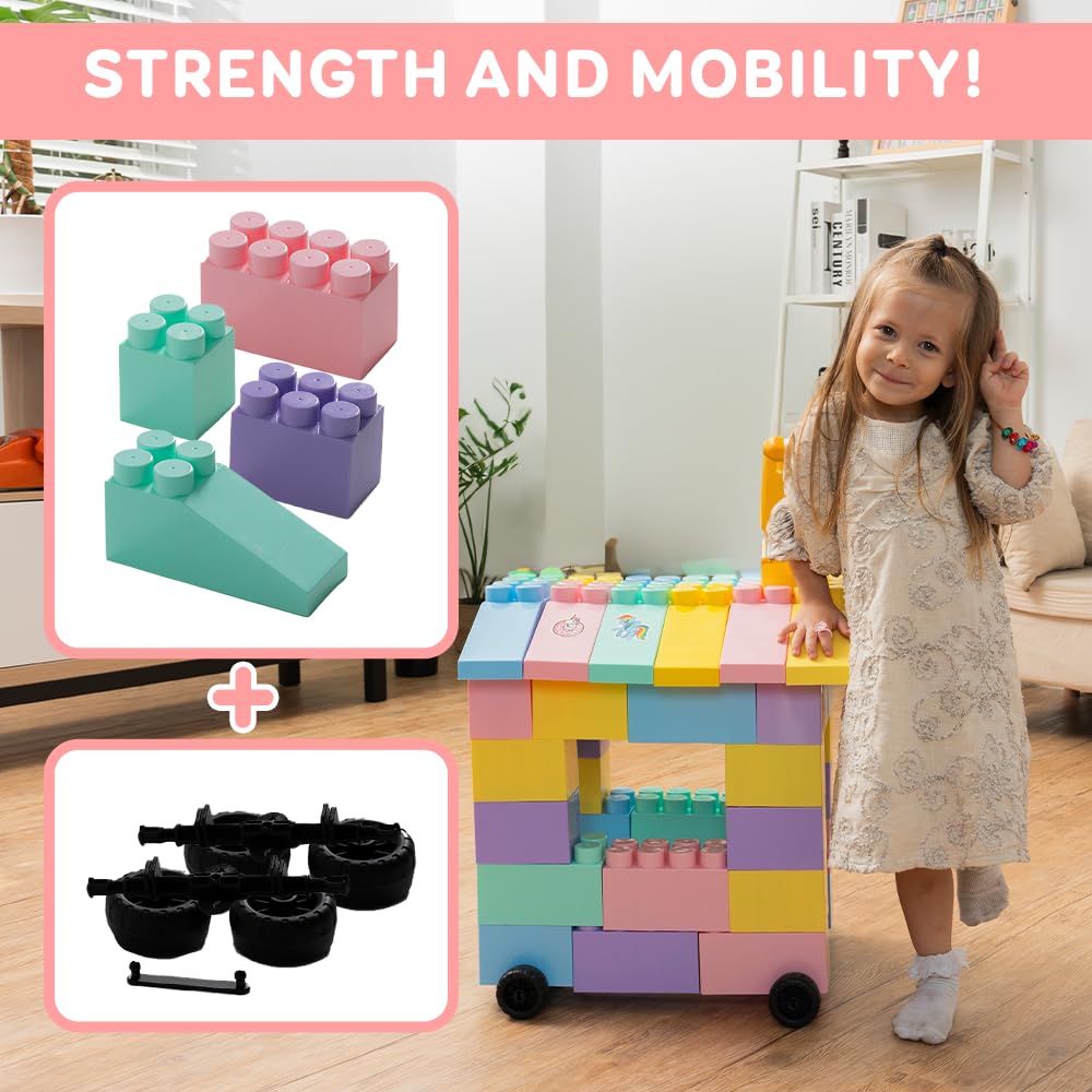 Massbricks Jumbo Plastic Building Blocks - Giant Toddler Bricks Kids, Boys, Girls Age 1-8 Play Large Educational, Construction, Stacking Toys Bpa Free (48 Pcs Pastel + Wheels)