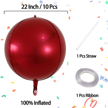 Kalor 10 Pcs 22 Inch Burgundy Red Mylar Balloons, Large 4D Giant Round Foil Balloon Big Mirror Metallic Balloons For Birthday Party Baby Shower Gender Reveal Supplies