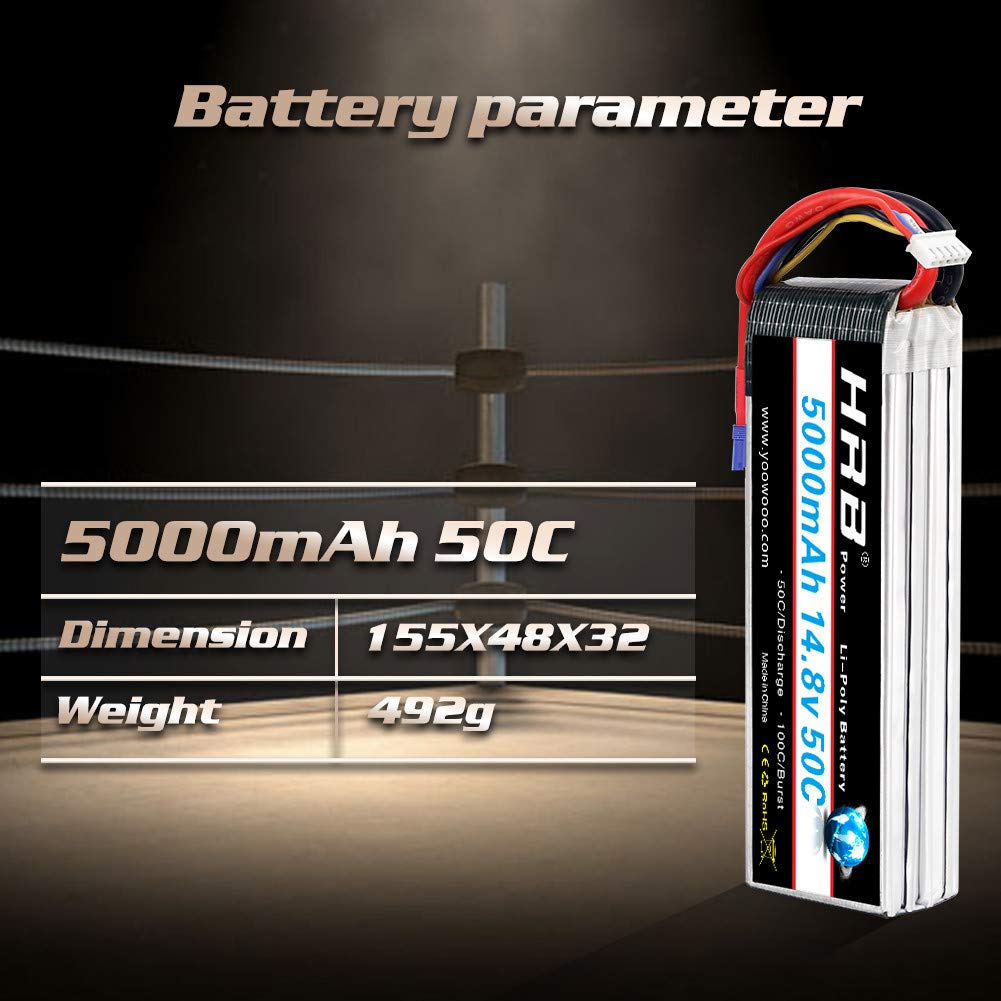 HRB 4S Lipo Battery EC5 5000mAh 14.8V 50C RC Lipo Battery Pack Compatible with RC Car Truck Quadcopter Airplane Helicopter Boat