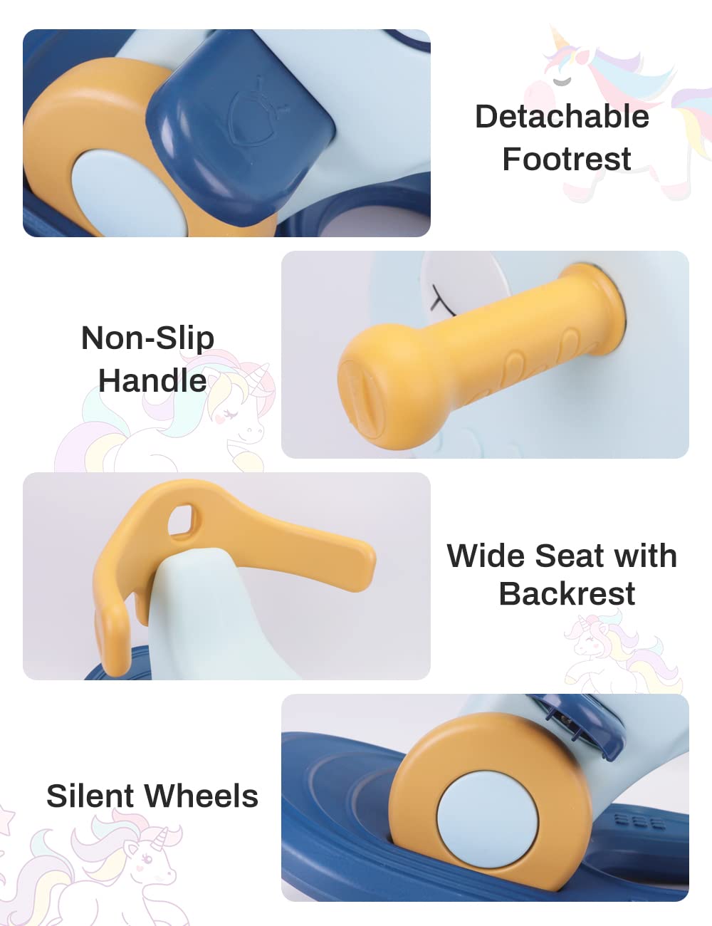 4 In 1 Rocking Horse For Toddlers 1-3 Years Old, Balance Bike Ride On Toys With Push Handle, Backrest And Balance Board For Baby Girl And Boy, Unicorn Kids Riding Birthday (Blue)