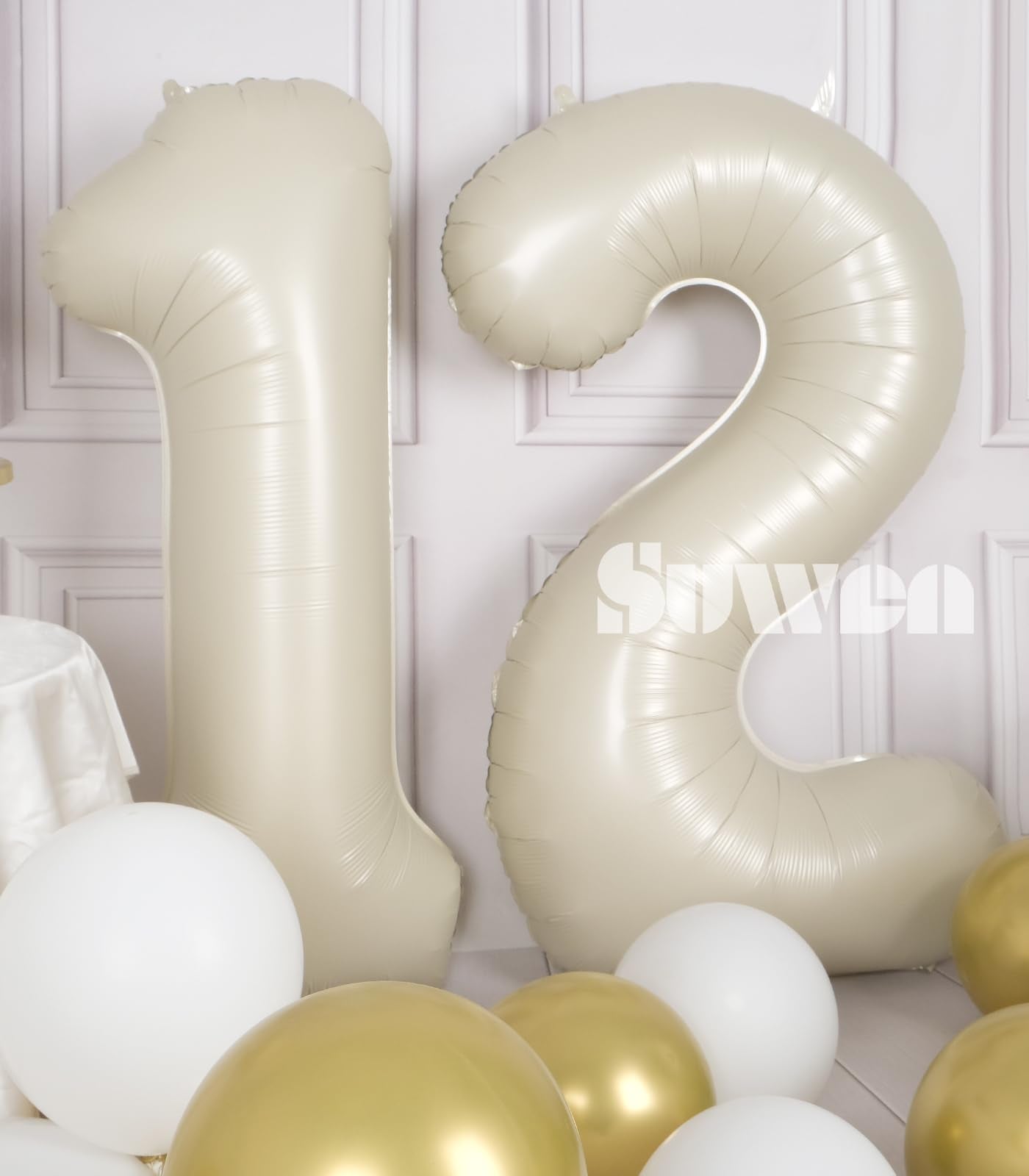 Suwen 40 Inch Cream White Large 12 Number Balloons Big Foil Helium Number Balloons 0-9 Jumbo Happy 12Th Mylar Birthday Party Dec