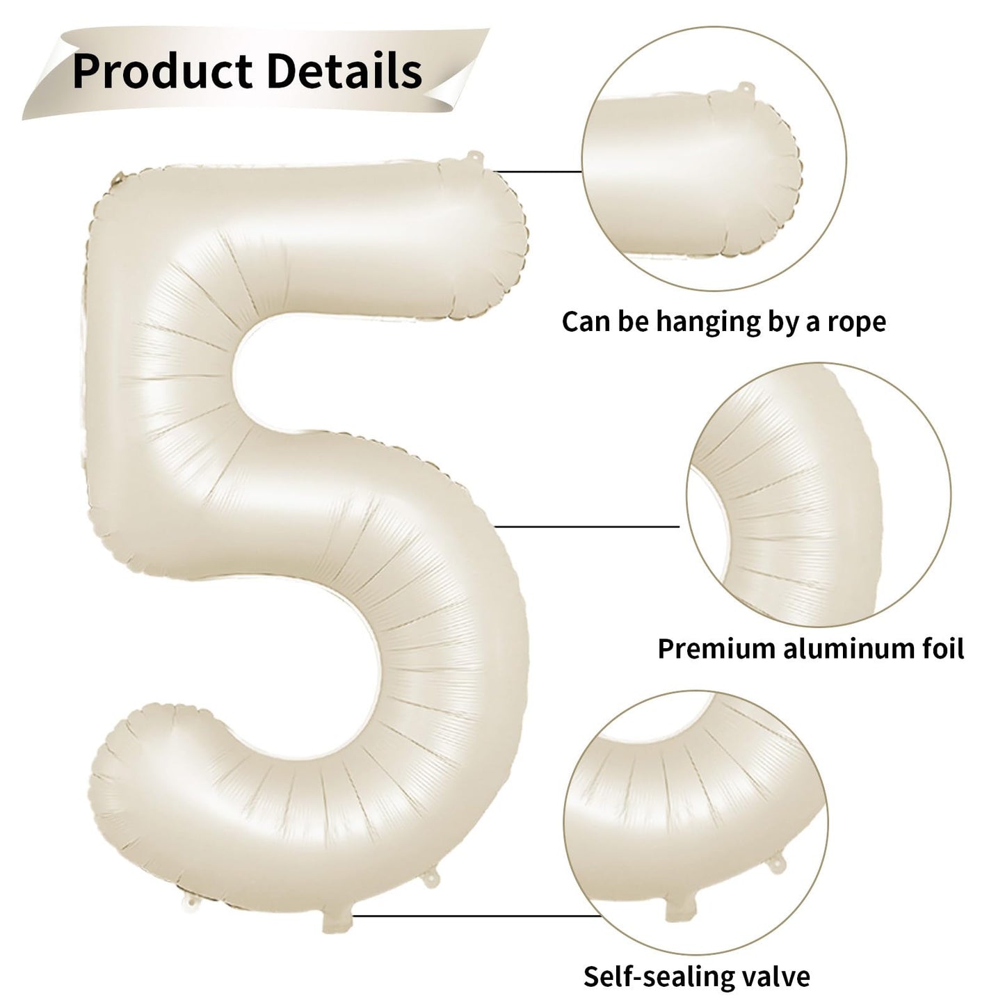 40 Inch Cream Number 5 Balloon, Beige Large 5Th Birthday Balloons, Digital 5 Cream White Giant 5 Foil Balloon Helium For Boys Gi