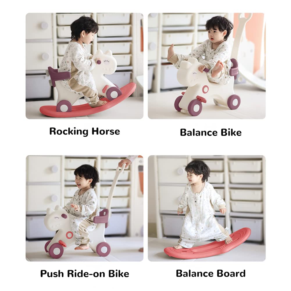 4 In 1 Rocking Horse For Toddlers 1-3 Years Old, Balance Bike Ride On Toys With Push Handle, Backrest And Balance Board For Baby Girl And Boy, Unicorn Kids Riding Birthday (Red)