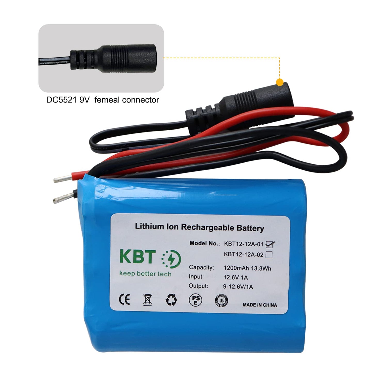 KBT 12V Rechargeable Li-ion Battery Pack with Charger, 1200mAh, Bare Leads for RC Cars, Boats, Robots, DIY, LED Light Kits