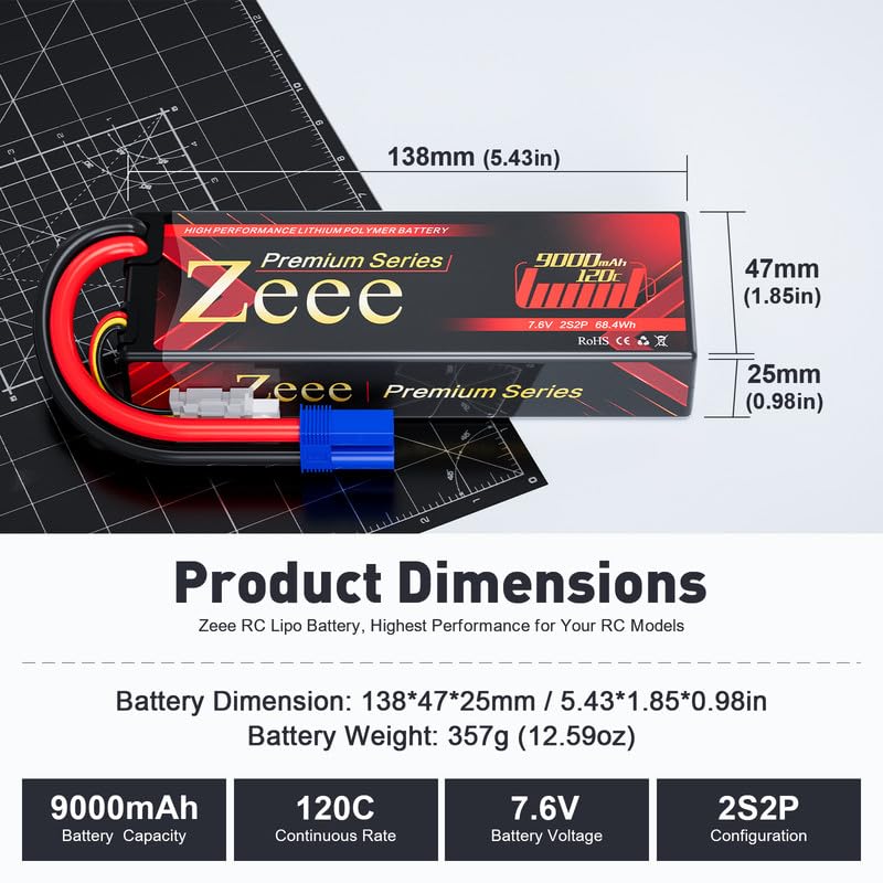 Zeee Premium Series 2S Lipo Battery 9000mAh 7.6V HV-Lipo 120C Hard Case Battery with EC5 Connector High Voltage Battery for RC 1