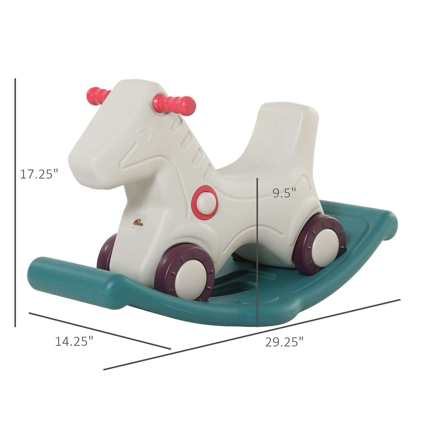 Qaba Kids 2 In 1 Rocking Horse & Sliding Car For Indoor & Outdoor Use W/Detachable Base, Wheels, Smooth Materials, Grey And Green