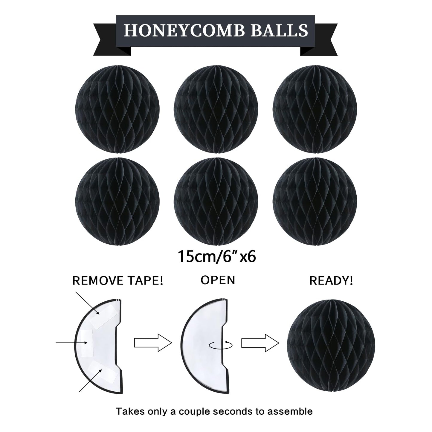 LITAUS, Birthday Decorations, NO DIY - Pack of 16 | Black Happy Birthday Banner, Honeycomb Balls, Swirls, Garland | Happy Birthd