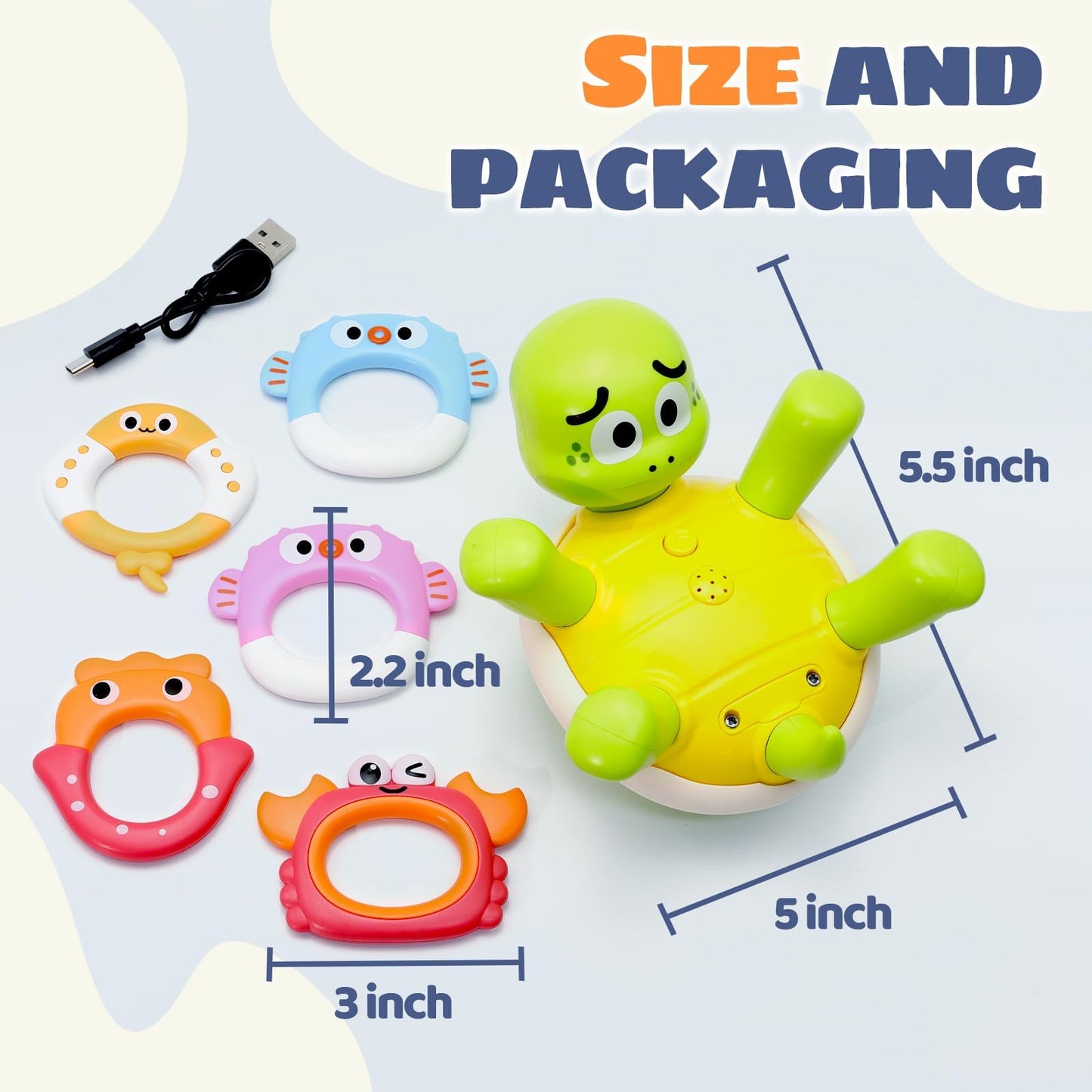 Sizobi Baby Bath Toys, Rechargeable Turtle Bath Toy Sprinkler For Kids Toddler With 5 Rings, Bathtub Fountain Spray Toy For Baby