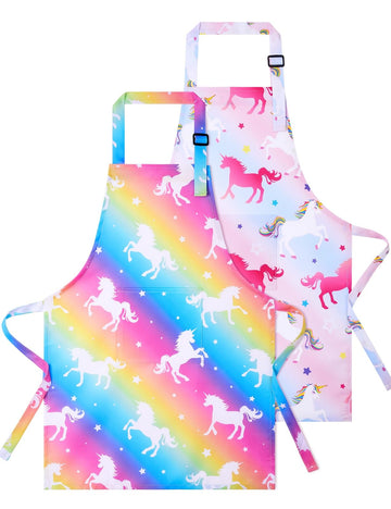Wernnsai 2 Pack Kids Aprons - Unicorn Kids Art Aprons For Girls Waterproof Toddler Chef Aprons For Cooking Baking Painting Gardening Apron For Kids With Pocket Kitchen Classroom Art Smocks 2-5 Years