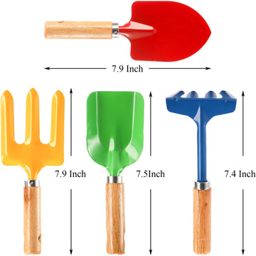 Nicunom Kids Gardening Tools Set - 12 Pack Metal Shovel, Rake, Fork, Trowel - Medium Size - Colorful (Yellow, Red, Blue, Green)