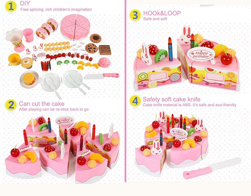 HenMerry 75PCS Birthday Cake Toy DIY Cutting Cake Play Set Kids Play Kitchen Food Pretend Play Cake Toy Best for Girls Birthday