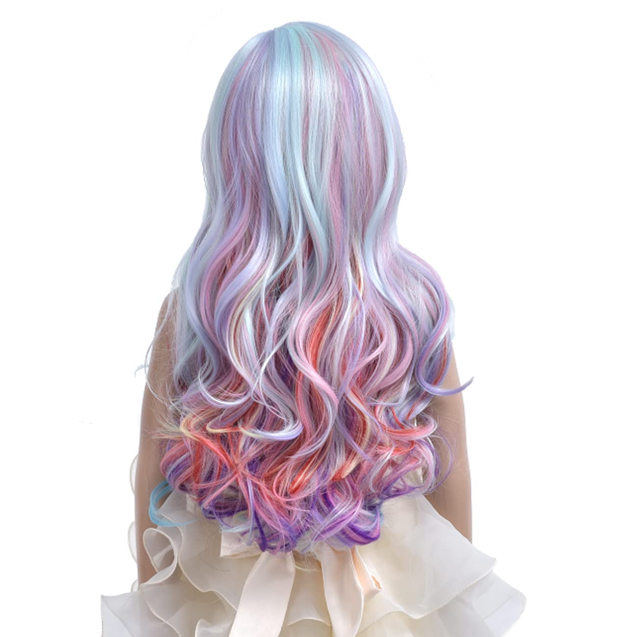 Duduwig 22 Inches Long Rainbow Wig For Kids Girls Long Multi-Color Wavy Curly, Lovely Color Synthetic Cosplay Hair Wig For Child