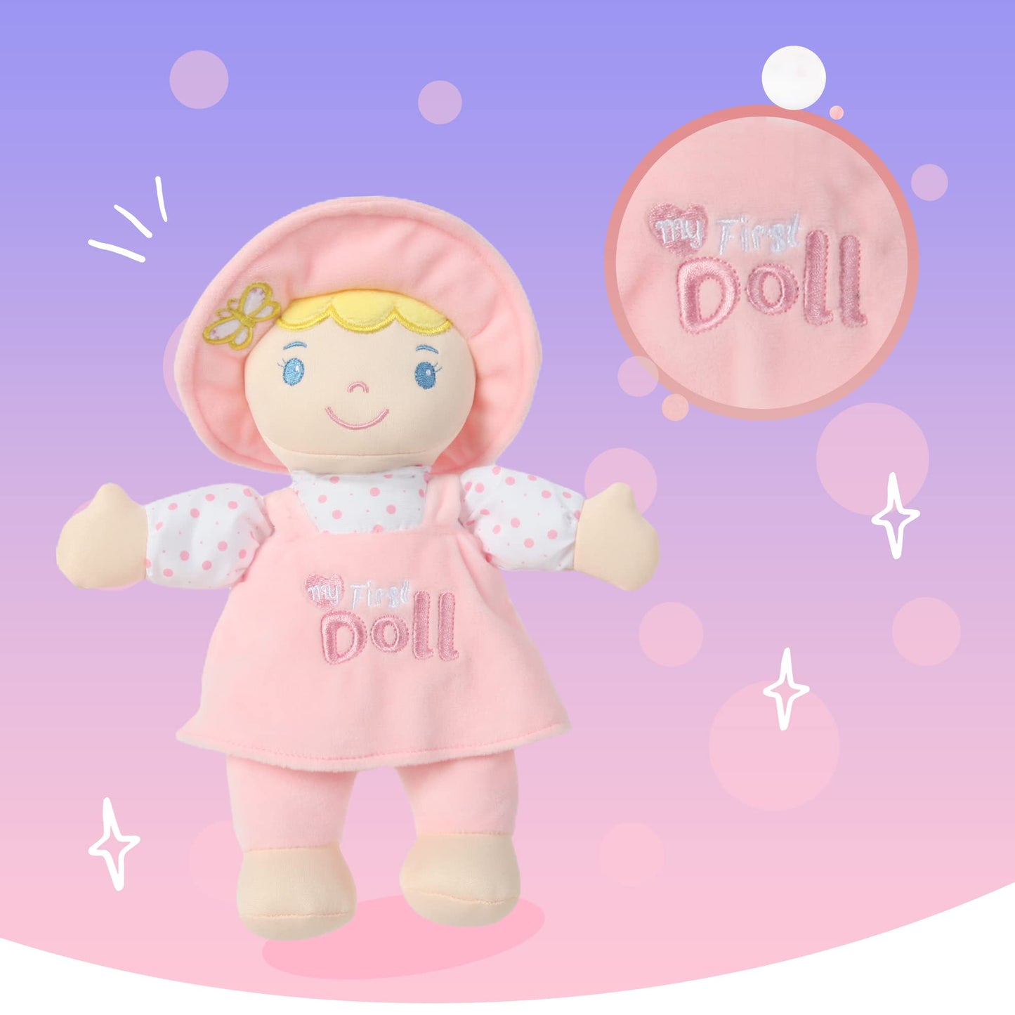 Linzy Plush Soft Plush Baby Doll Blond Hair My First Doll With Hat Safe For All Ages Mi Primera Muñeca Stuffed Plush Doll 10''
