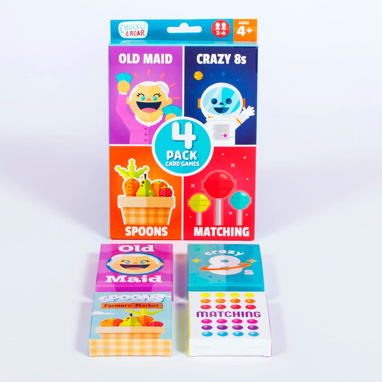 Chuckle & Roar - Classic Card Games 4Pk - Ages 4 And Up - Family Game Night - Old Maid, Crazy 8S, Spoons, Matching
