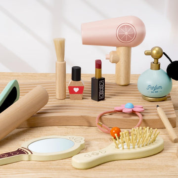 Atoylink Wooden Makeup Toy Set, 15Pcs Hair Salon Girl Toys Toddler Pretend Play Makeup Kit with Plush Makeup Bag Princess Beauty