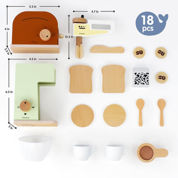 Pillowhale Kids Coffee Maker Playset,Wooden Toy Toaster,Toy Mixer,3-in-1 Kids Kitchen Playset,Pretend Play Kitchen Accessories,W