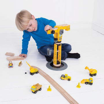 Bigjigs Rail Big Yellow Wooden Crane Construction Play Set With Vehicles & Accessories