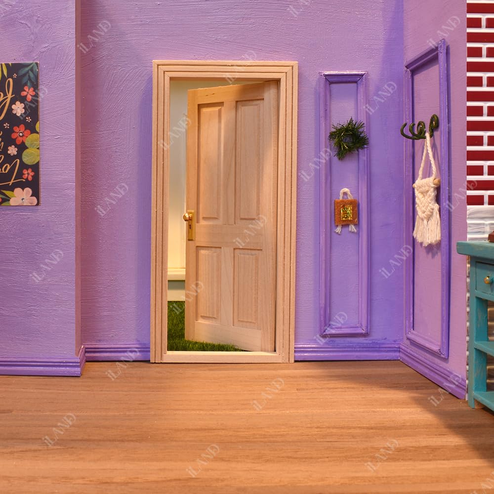 iLAND Wooden Dollhouse Door w/Trims & Doorknob & Key, Dollhouse Buding Materials, Minaiture Dollhouse Accessories (Classic 4-Pan